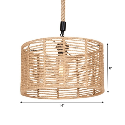 1 Head Cylindrical Hanging Pendant Rural Brown Jute Rope Pendulum Light for Tearoom