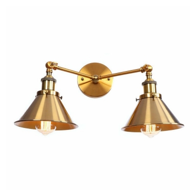 2 Bulbs Iron Wall Mount Lighting Farmhouse Brass Cone/Saucer Bedroom Swing Arm Wall Mounted Lamp