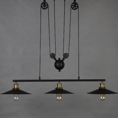 3-Light Hanging Island Light Industrial Cone Shade Metal Pulley Pendant Lighting Fixture in Black