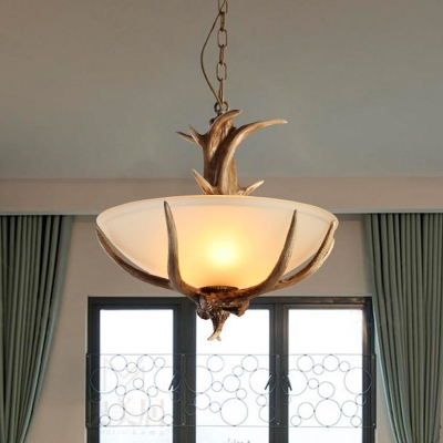 3 Lights Opaline Glass Chandelier Rural Brown Wide Bowl Bistro Ceiling Suspension Lamp with Antler Decor