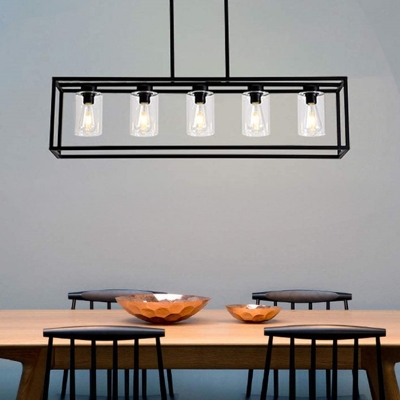Black Rectangular Island Light Loft Metal 3/5-Light Dining Room Up/Down Pendant Lighting with Cylinder Clear Glass Shade