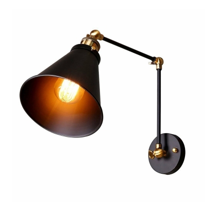 Black Single Wall Mounted Reading Lamp Rustic Iron Cone Shade Stretchable Wall Light for Living Room
