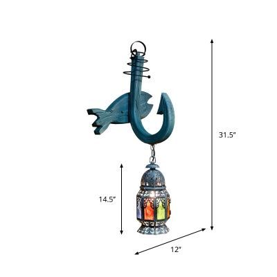 Blue 1-Bulb Wall Lighting Mediterranean Stained Glass Lantern Wall Mounted Lamp with Anchor and Fish Decor