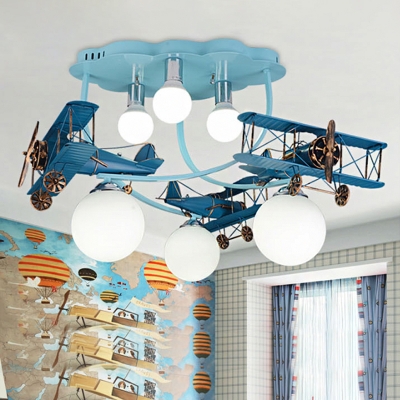 Blue Finish Biplane Ceiling Flush Light Kid 6 Heads Wooden Flush Mounted Lamp with Ball White Glass Shade