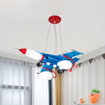 Cream Glass Aircraft Ceiling Pendant Cartoon LED Blue Chandelier for Childrens Bedroom