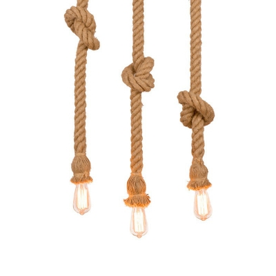 Dangling Rope Brown Cluster Pendant Light Exposed 3-Head Rural Hanging Light Fixture, 39