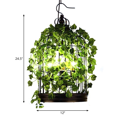 Farmhouse Basket/Birdcage Hanging Pendant 4 Lights Iron Chandelier in Black with Fake Vine