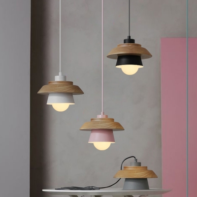 Inverted Saucer Cup Pendant Lamp Macaron Iron 1-Light Dining Room Ceiling Light in Grey/Pink/White and Wood