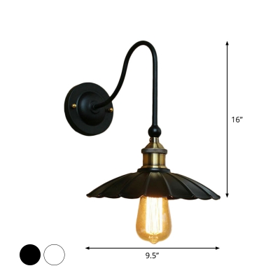 Iron Black/White Reading Wall Lamp Scalloped/Flared 1-Light Industrial Style Wall Lighting with Drooping Arm