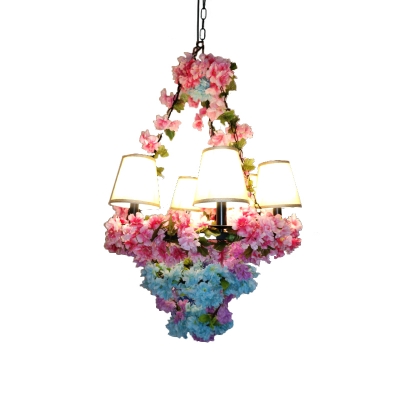 Iron Caged Drop Pendant Factory Restaurant LED Chandelier Light in Dark Green/Pink/Black with Plant Decor