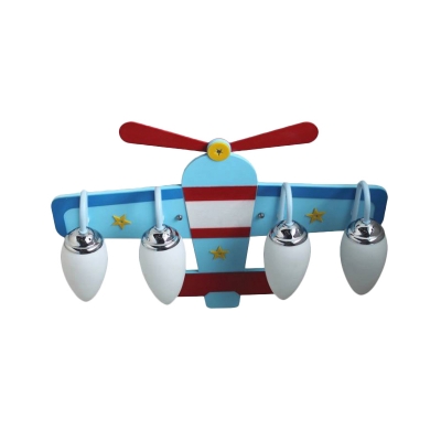 Kids Airplane Flush Light Fixture Wood 4-Light Bedroom Ceiling Lamp in Blue with Bomb Glass Shade