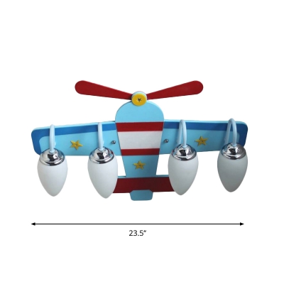 Kids Airplane Flush Light Fixture Wood 4-Light Bedroom Ceiling Lamp in Blue with Bomb Glass Shade