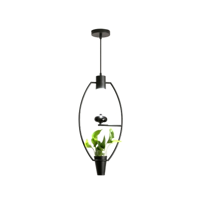 LED Suspension Lighting Loft Dining Table Hanging Pendant with Rectangle/Oval Iron Frame and Plant Pot in Black/Gold