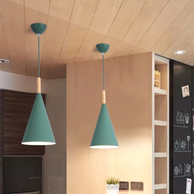 Macaron Cone Shade Ceiling Light Iron 1 Bulb Kitchen Dinette Pendant Light Kit in Pink/Blue/Grey with Wood Tip
