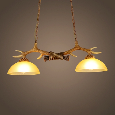 Rustic Antler Island Light 2 Heads Resin Suspension Pendant in Brown with Bowl White Glass Shade