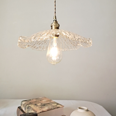 Textured Glass Clear Drop Pendant Lotus Leaf 1 Bulb Farmhouse Ceiling Suspension Lamp