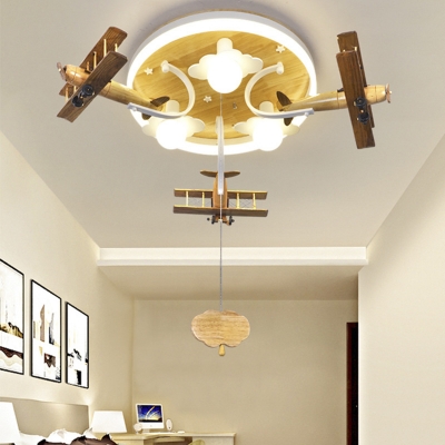 Wooden Biplane Ceiling Light Fixture Creative 3-Head Pull Chain Flush Mount Lighting in Yellow