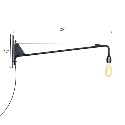 1/2-Head Elongated Swing Arm Wall Light Industrial Black Iron Shadeless/Flat Shade Wall Mount Lamp with Plug-in Cord