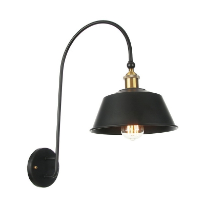 Arched-Arm Bedroom Wall Lamp Fixture Loft Style Iron Single-Bulb Black Wall Mount Light with Scalloped/Barn Shade