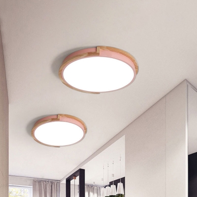 Bedroom LED Flush Mount Ceiling Light Macaron Grey/White/Pink and Wood Flushmount with Round Acrylic Shade