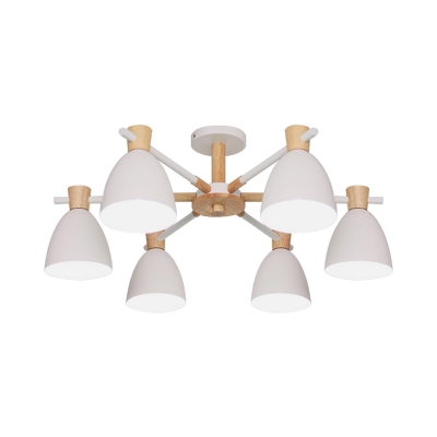 Bell Shade Living Room Suspension Lamp Metallic 6 Lights Nordic Ceiling Chandelier in White and Wood