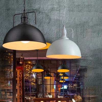 Country Style Hemispherical Hanging Lamp Single-Bulb Iron Drop Pendant with Vent Hole in Black