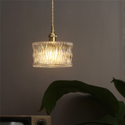 Drum Shaped Clear Wavy Glass Pendant Antique 1 Head Living Room Ceiling Hang Light in Brass