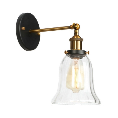 Factory Bell/Saucer Wall Mounted Light Single Clear/Clear Ribbed Glass Rotatable Reading Wall Lamp in Black-Brass