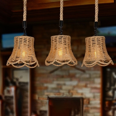 Floral Hemp Rope Pendulum Light Cottage 3/6 Bulbs Dining Room Cluster Pendant in Brown, Round/Linear Canopy