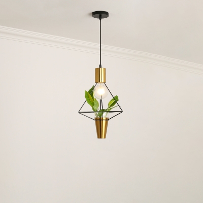 Gold Finish 1 Head Drop Lamp Industrial Diamond/Hexagon Shaped Hanging Pendant Light with Plant Pot