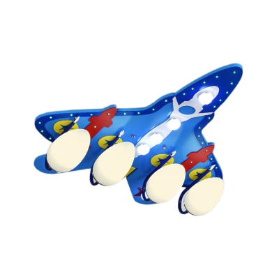Kids Plane Flush Mount Fixture Wood 4 Lights Bedroom Ceiling Light in Blue with Egg Ivory Glass Shade