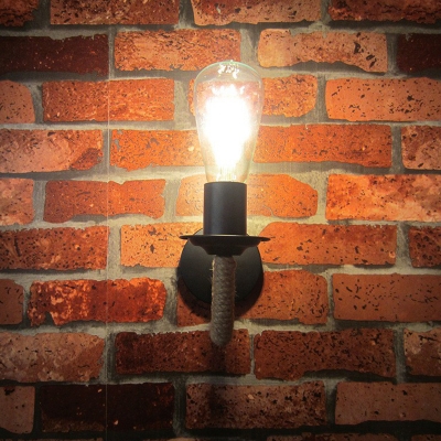Lodge Bare Bulb Design Wall Lighting Single Natural Rope Wall Mounted Lamp in Black