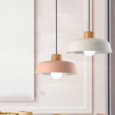 Metal Wide Bowl Down Lighting Macaron Style 1 Head Pink/Yellow/Blue Hanging Pendant with Wood Top