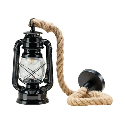 Nautical Kerosene Pendant Lamp 1-Head Natural Rope Hanging Ceiling Light in Copper/Black/Gold