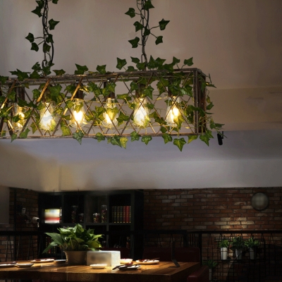 Rectangle Iron Island Light Fixture Industrial 4/6-Light Restaurant Plant Pendant Lamp in Black