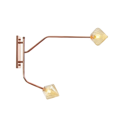 Rose Gold Branching Wall Light Industrial Iron 2-Light Bedroom Wall Lamp with Ball/Diamond Clear/Amber Glass Shade