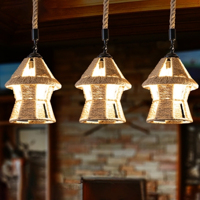 Rural House Shaped Multi-Pendant 3/6 Heads Natural Rope Hanging Light Fixture in Brown, Round/Linear Canopy