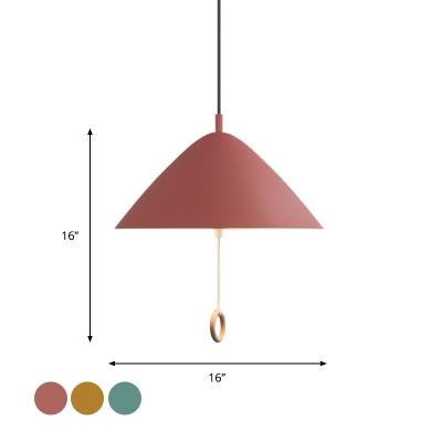 Yellow/Pink Cone Pendant Lighting Fixture Macaron 2 Bulbs Metal Hanging Lamp with Pulling Ring Chain