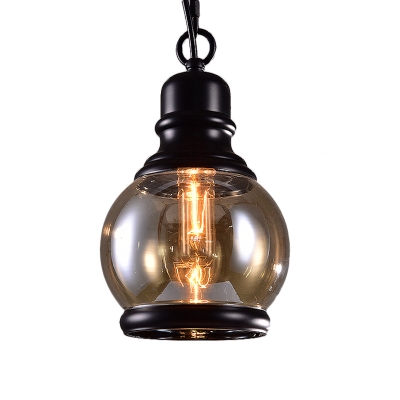 1-Bulb Ceiling Hanging Lantern Industrial Globe/Oval/Cylinder Smoke Glass Suspension Pendant Light in Black