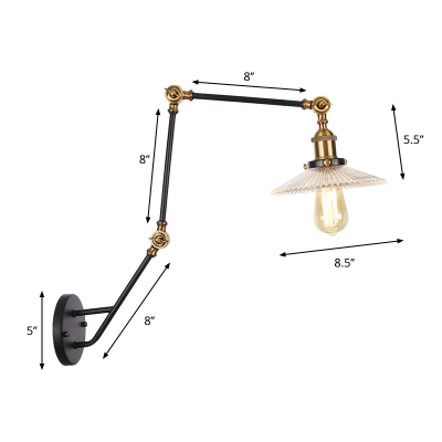 1 Bulb Swing Arm Task Wall Light Industrial Bell/Barn/Saucer Shade Clear Glass Wall Mounted Lamp in Black-Brass