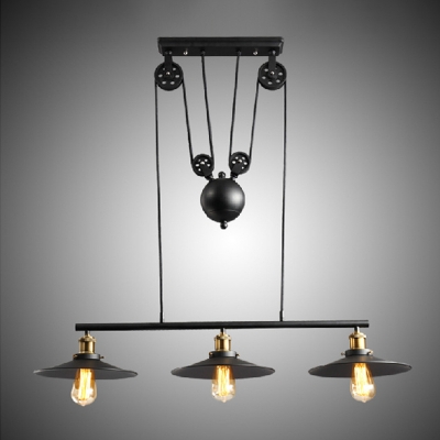 3-Light Hanging Island Light Industrial Cone Shade Metal Pulley Pendant Lighting Fixture in Black