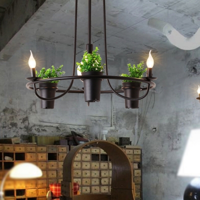 Black 1/2-Layer Pot Plant Chandelier Vintage Metal 4/7 Lights Dining Room Hanging Light Fixture, 19.5