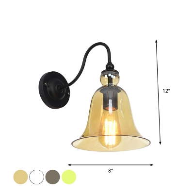 Black 1 Bulb Wall Mounted Lamp Rustic Green/Amber Glass Bell Shade Wall Light Fixture with Gooseneck Arm