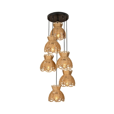 Brown Scalloped Bowl Multi Hanging Light Rustic Hemp 3/6 Lights Dining Room Ceiling Pendant