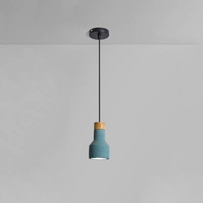 Cement Torchlight Shaped Pendant Light Macaron 1 Bulb Grey/Red/Blue Ceiling Suspension Lamp with Wood Accent