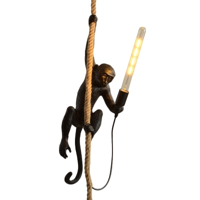 Creative Farmhouse Monkey Pendant Light 1 Bulb Resin Pendulum Light in Black/White/Gold with Hemp Cord