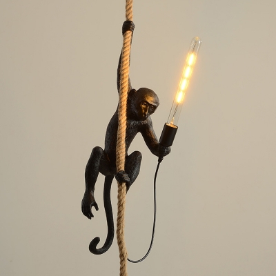 Creative Farmhouse Monkey Pendant Light 1 Bulb Resin Pendulum Light in Black/White/Gold with Hemp Cord
