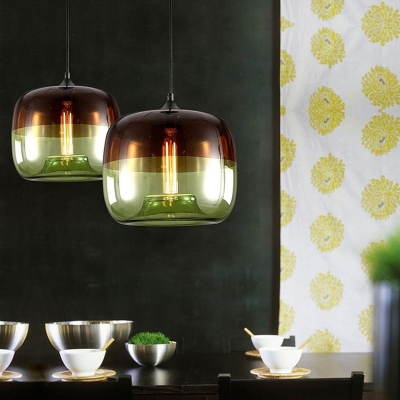 Retro Drum Shade Hanging Lamp 1 Head Brown and Blue/Green Glass Ceiling Pendant Light for Living Room