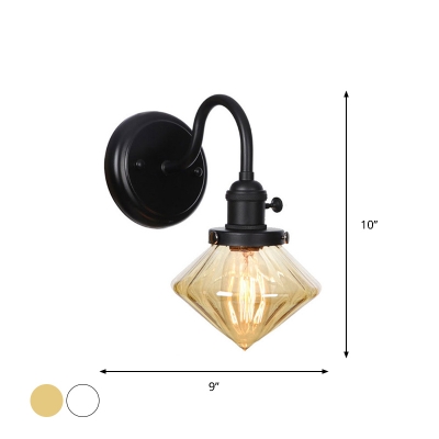 Single-Bulb Clear/Amber Glass Wall Light Farmhouse Black Cone/Globe Shaped Foyer Wall Mounted Lamp with Curved Arm
