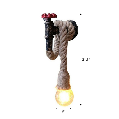Single-Bulb Wall Lamp Warehouse Faux Faucet Metallic Wall Mount Light with Hemp Rope in Brown